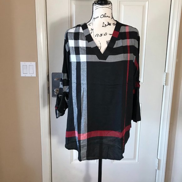 Amaryllis Tops - Amaryllis Plaid Roll-Tab Blouse Red, White, Black